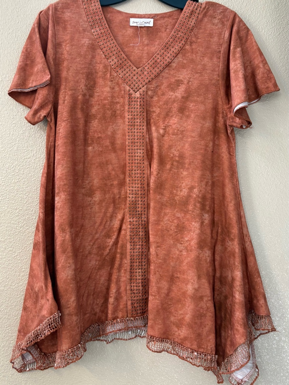 Stud-Trim V-Neck Tunic in Rust by